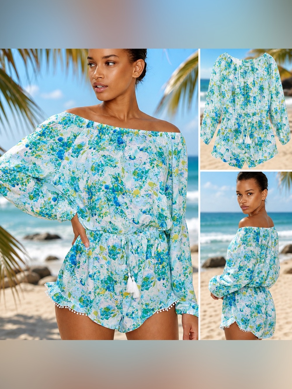Victoria’s Secret Swim Hanalei Floral Romper Cover Up Blue Green L NWT